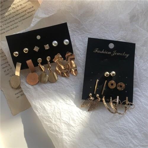 6Pairs/set New Statement Earrings for Women Fashion Geometry Gold Color Metal Stud Earring Crystal Pearl Bead Earrings