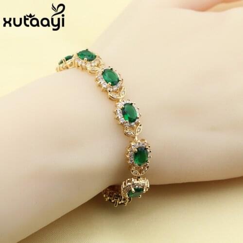 New Flower Green Stones White CZ Gold Color Jewelry Adjustable Link Chain Bracelet length 18+3 cm For Women