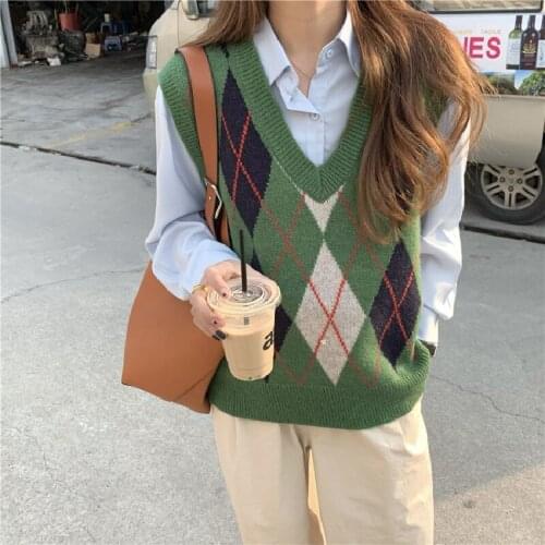 Retro Fashion Y2K Green Argyle V-neck Sweater Vest Womens Autumn Winter 2021 Preppy Style Knitted Crop Tops Streetwear