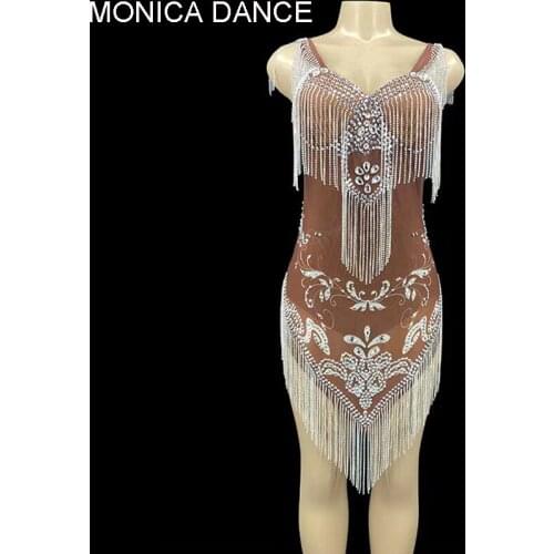 Women Brown Sparkly Silver Rhinestone Fringe Transparent Bodysuit Dress Birthday Celebrate Chain Outfit Dancer Evening Dress