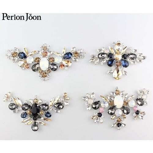 1pcs Colorful rhinestone plating silver neckline crystal applique decorative sew on wedding dress clothe accessories YHX068-070