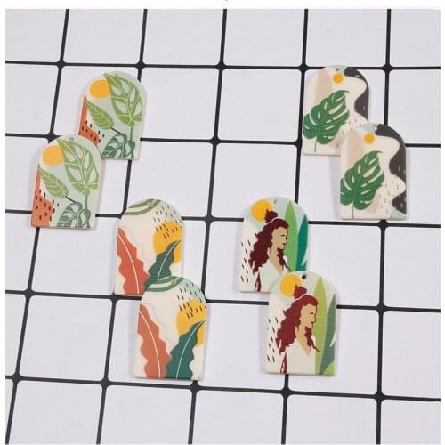 4pcs 23*37mm Spring Style Earring Accessories Monstera Leaves Acrylic Charms Girl Pattern Ear Pendant DIY Handmade Design