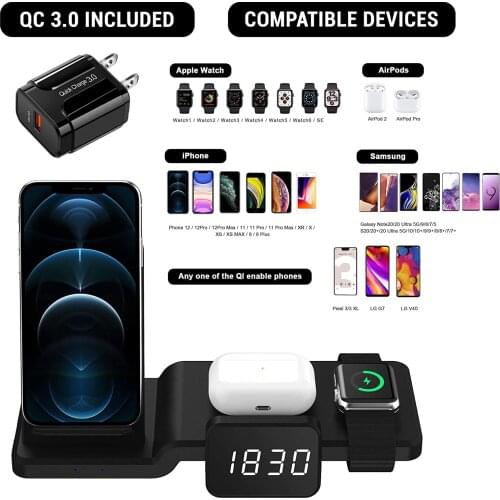4 In 1 Wireless Charger Stand QC 3.0 Compatible with IPhone 11/11 Pro/X/Xr/Xs/8 Digital Clock for AirPod Pro/2 Charger Adapter