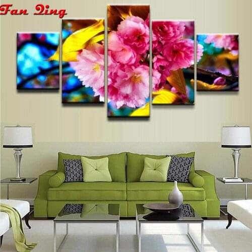 5pcs Diy Diamond Embroidery Cherry blossom Pink Diamond Painting Cross Stitch Rhinestone Diamond Mosaic Full Square Round drill