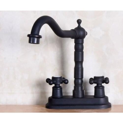 Black Oil Rubbed Bronze Double Cross Handle Deck Mount Cold & Hot Tap 2 Hole 4" Centerset Kitchen Faucet Sink Mixer Tap Wnf150