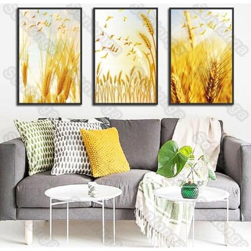 Wheat Harvest Golden Source File Lian Bird Plant Landscape Frameless Painting Decorative Painting Bedroom Room Layout Decoration