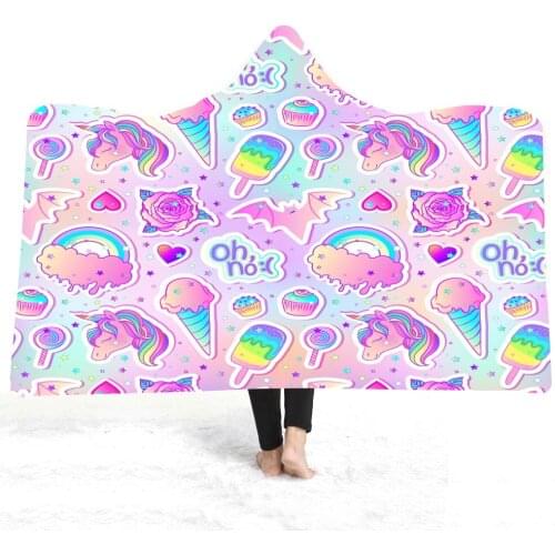 Custom Ice Cream Rainbow Print Sherpa Fleece Blanket Girls Hooded Plush Throw Blanket Winter Warm Travel Sofa Bed Throw Blanket