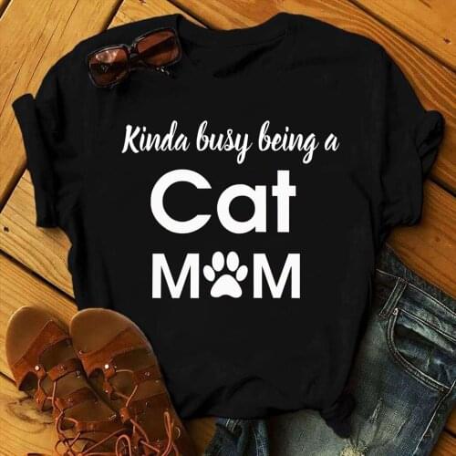 CAT MOM Letter Print T-Shirt Womens Short Sleeve Black Tee Tops Casual Loving Pet Female Cotton Polyester T Shirts футболки