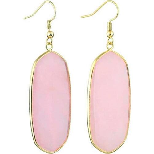 FYJS Unique Light Yellow Gold Color Oval Shape Natural Rose Pink Quartz Earrings Elegant Women Jewelry