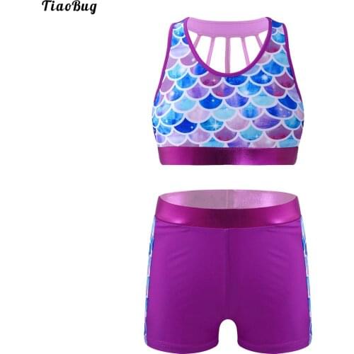 TiaoBug Summer 2Pcs Kids Girls Swimwear U Neck Sleeveless Open Back Patchwork Design Print Pool Beach Swimsuit Top And Short Set