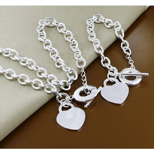 Fashion Chain Sliver Plated Jewelry Romantic Heart Shape Pendant Necklace+Bracelet Hot Poplar Women Jewelry Sets T283