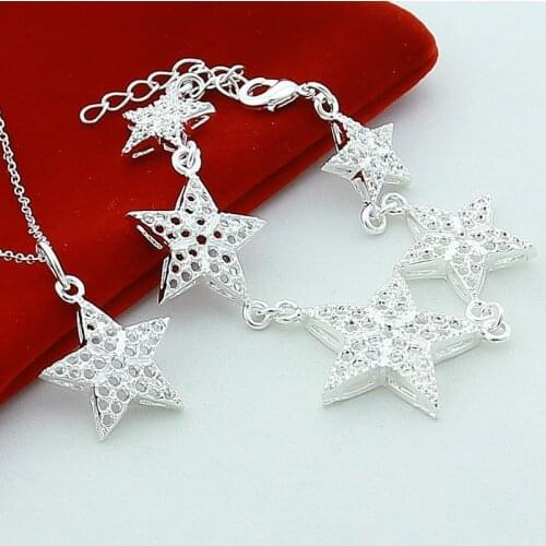 New 925 Sterling Silver 18-Inch Five-Pointed Star Chain Necklace Bracelet Set For Women’S Wedding And Engagement Party Jewelry