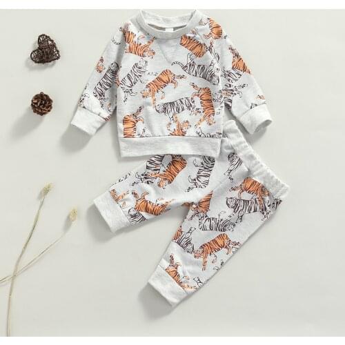Autumn Winter Infant Baby Tiger Pattern Cartoon Print Classic Clothes Set Round Neck Baby Long Sleeves Sweatshirt+Trousers Set