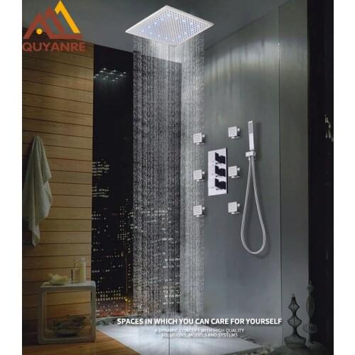 Quyanre LED Rainfall Shower Faucet Thermostatic Shower Mixer Tap 3-way Bathroom Shower Massage SPA Jets Bath Shower Mixer Tap
