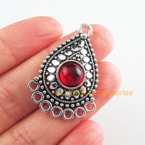 5 New Flower Charms Red Glaze Teardrop Connectors Tibetan Silver Tone 25.5x36mm