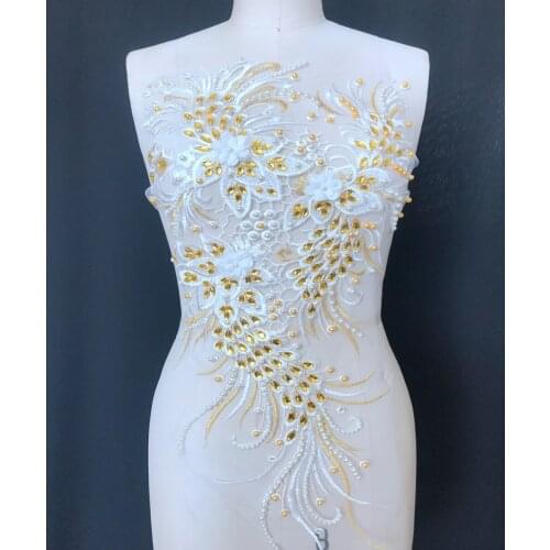 Handmade yellow Hot drilling Rhinestone pearl lace embroidery patch applique wedding dress bordados DIY Performance clothing