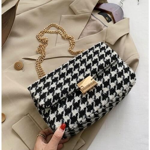 Fashion Houndstooth WOOL And PU Shoulder Bag Small Bag Luxury Handbags Women Bags Designer SAC A Main Crossbody Bags For Women
