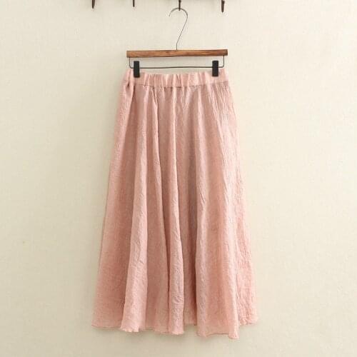 Street Style Girls Summer Cotton Linen Midi Pink Skirt High Waist A-Line Vintage Pleated Beach Skirt Casual Long Skirts Womens