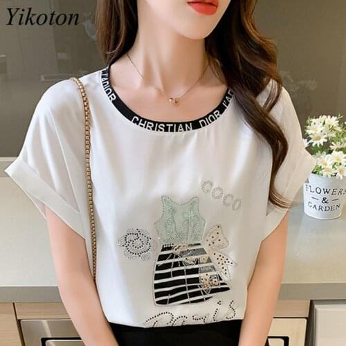 Ladies White Blouse Short Sleeve Silk Shirts O-Neck Womens Summer 2021 New Tops Loose Plus Size 4XL Retro Printed White Shirt