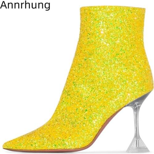 Bling Sequined Cloth Short Boots Women Chic Spring Autumn Pointed Toe Clear Crystal High Goblet Heel Side Zip Botas Mujer