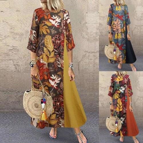 Long Length Autumn Women Loose Leaf Print Long Dress Ladies Dress Splicing for Travel