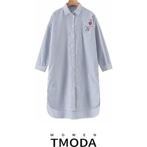 TMODA546 ZA Ladies Casual Vintage Fashion Dress Striped Embroidered Shirt Dress Loose Lapel Sexy Long Sleeve Button Office Dress