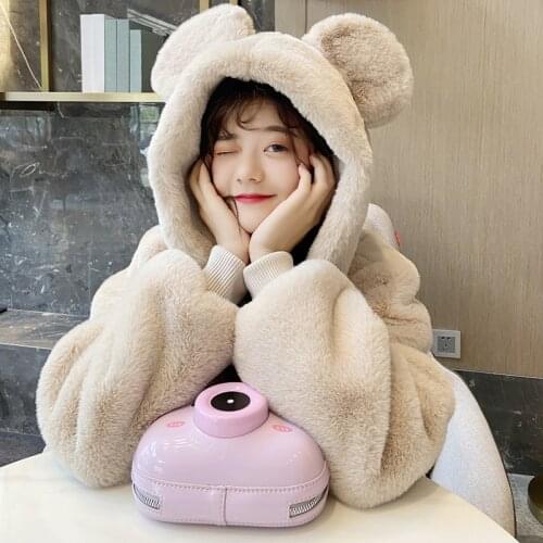 2021 New Womens Imitation Fur Coat with Cute Bear Ears Hooded Hood Korean Fashion Loose Coat Women Faux Rabbit Fur Coat L905