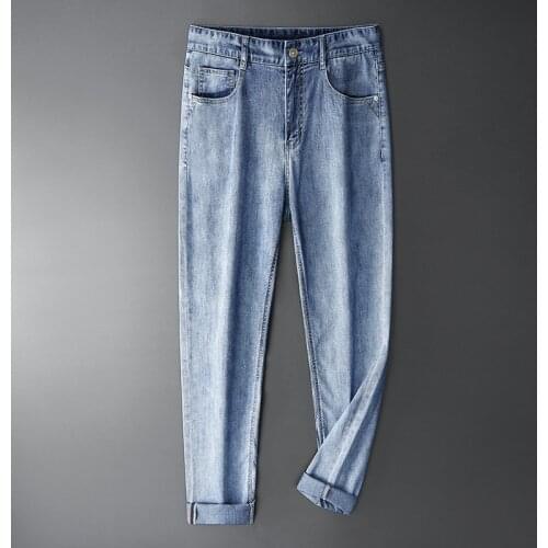 2021 Autumn Classic Style Men Brand Jeans Cotton Business Casual Stretch Slim Denim Pants Light Blue Gray Trousers Male Clothing