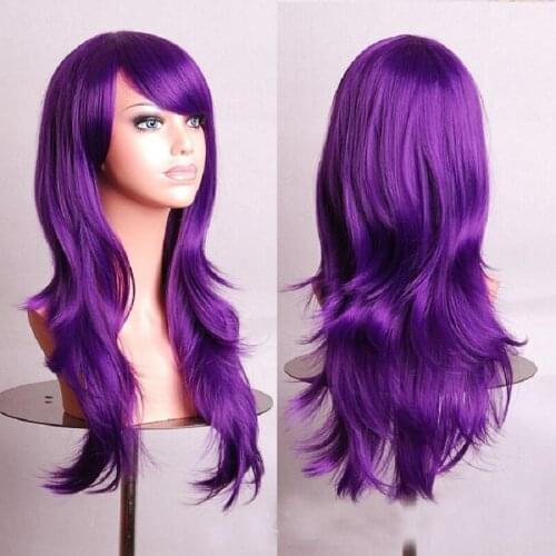 70cm Long water Wavy curly purple Cosplay Wig for women 80 cm middle part straight dark purple Synthetic Hair Wigs + wig cap