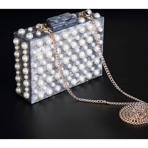 YoReAi Hot Sale Beaded Clutch Acrylic Purse Elegant Evening Bag Wedding Party Clutch Handbag Metal Chain Pearl Shoulder Bags