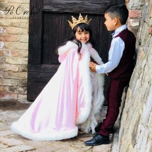 PEORCHID Princess Flower Girl Hooded Cape Pink Ivory Satin Faux Fur warm Junior Bridal Shawl WinterWedding Wrap Childrens Cloak