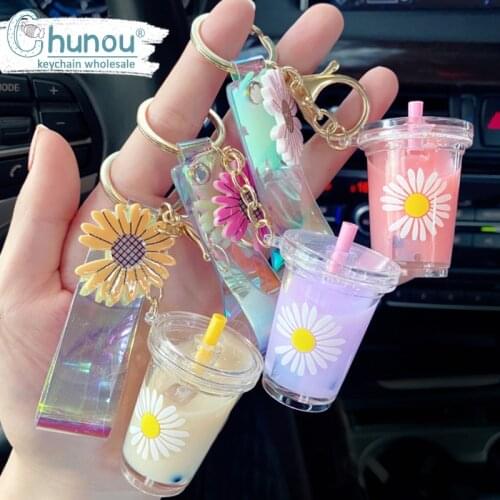 11Styles Cute Acrylic Liquid Colorful Flowers Car Keychain Keyring Moving Liquid Oil Drop Decompression Keyfob Jewelry Wholesale