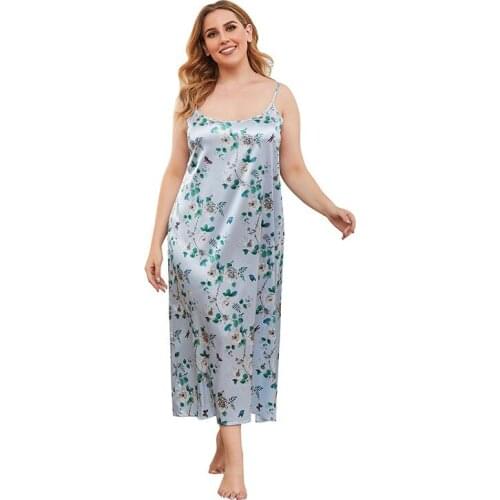 Floral Print Nightdress L To 5XL Plus Size Spaghetti Strap Long Dresses for Women Soft Casual Robes T2056