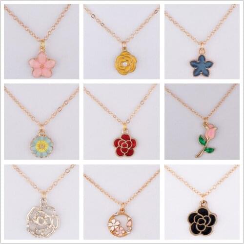 Enamel crystal bauhinia tulip flower pendant necklace gold color link chain rose necklace jewelry choker women fashion jewellery
