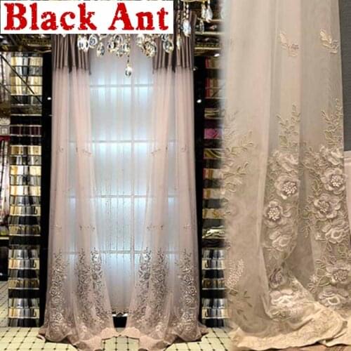 European Romantic Luxury Beige Window Screen Embossed Embroidered Flower Tulle Curtain Living room Bedroom Sheer Panel ZH400F