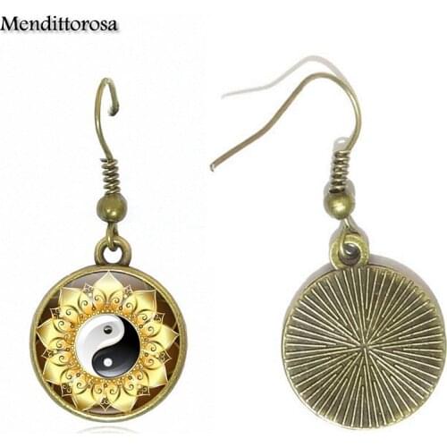 Mendittorosa Antique Vintage Style Bronze/Silver/Golden Clip Ear Hook Drop Earrings Jewellery For Girls Gift Yin Yang Fish Taiji