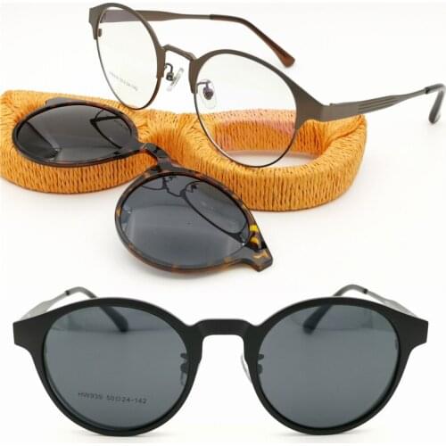 Metal clip on sunglasses retro shape desigers optical glasses frame with megnatic clip polarized sunglasses lenses HW939