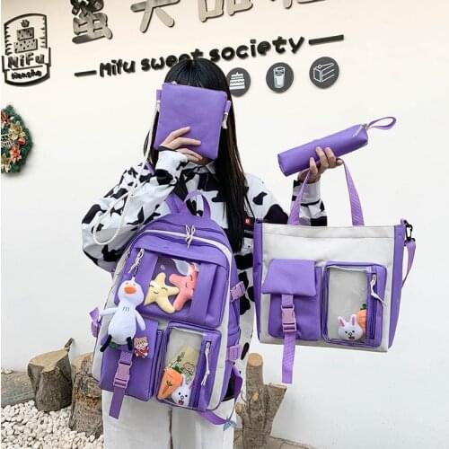 4-piece Fashion Women Backpack Oxford Cloth Waterproof Trend School Bag for Girls Large Capacity Backpack with Many Pockets