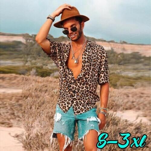2019 New Fashion Mens Leopard Short Sleeve Shirt Plus Size XXXL Turn Down Neck Summer Cool Loose Casual V-Neck Shirts Tops