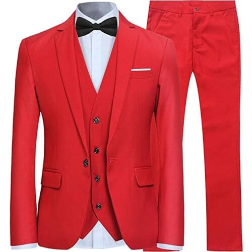 Mens 3 Piece Suit Slim Fit One Button Groom Man Red Lapel Wedding Occasion Formal Suit(Jacket+Pant+Vest)