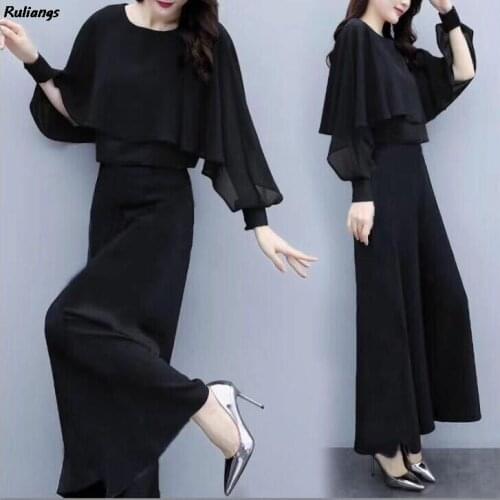 2021 spring new plus size womens loose chiffon tops two-piece casual fashion wide leg pants suit women