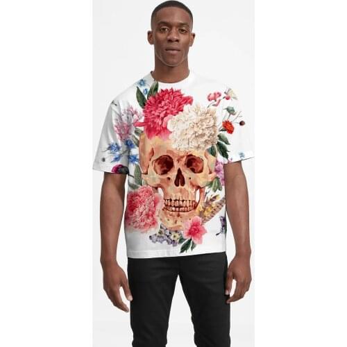 New Arrivals Skull Flower Tshirt Fashion Short Sleeve Shirt Oversized T shirt Man Top Tees Causal Skull T shirt Men Punk Style