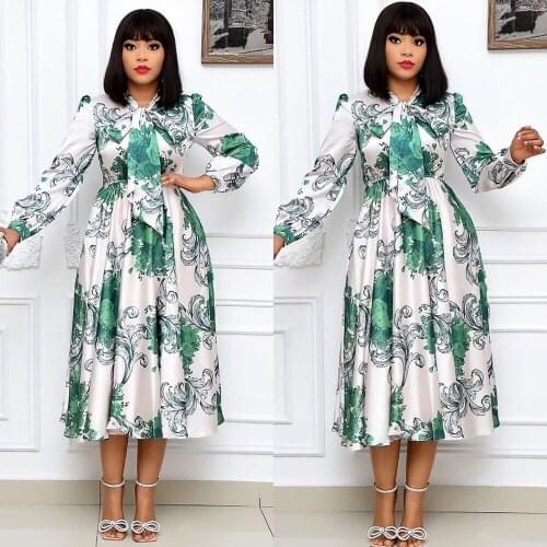 Best Quality High Waist Pleated Dress Elegant Green Print V-neck Long Sleeve Maxi A-line Vestidos African Clothes For Women