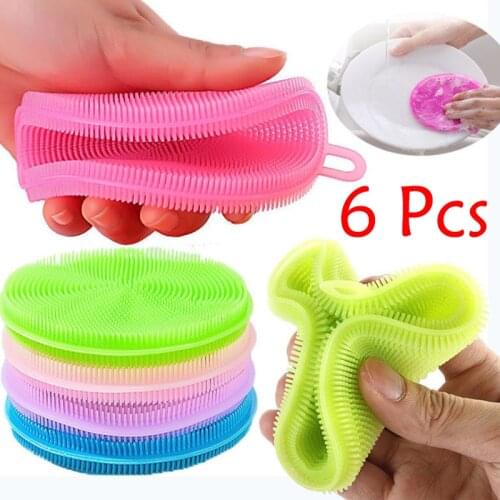 6Pcs Silicone Brush Kitchen Dishwashing Soft Silicone Sourcing Pad Decontamination Pot Bowl Cleaning Brush Anti Hot Table Mat