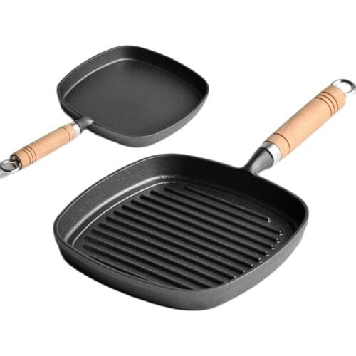 Grill frying pan square shape non-stick pan baking steak Cast Iron Skillet with Wooden Handle 22cm kitchen cooking tool