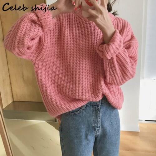 SHIJIA Pink Top Woman Sweater O-neck Autumn Winter Korean Chic Knitted Apricot Long Sleeve Loose Lazy Sweater Fall