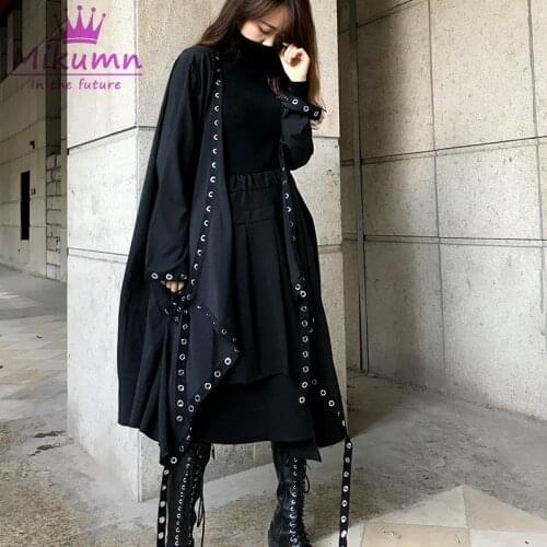 Punk Style Hollow Out Metal Ring Loose Long Coat Jacket Black Gothic Streetwear