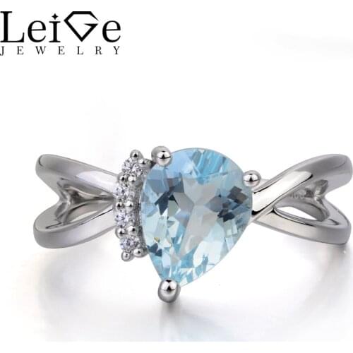 Leige Jewelry Natural Aquamarine Ring Anniversary Ring March Birthstone Pear Cut Blue Gemstone 925 Sterling Silver Ring for Her