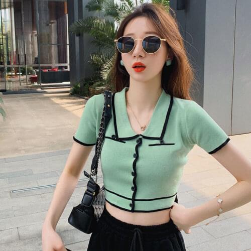 2020 Elegant Knit T Shirt Women Summer Turn Down Collar Polo Shirts Pullovers Knitted Crop Top Designer Streetwear Slim Clothes