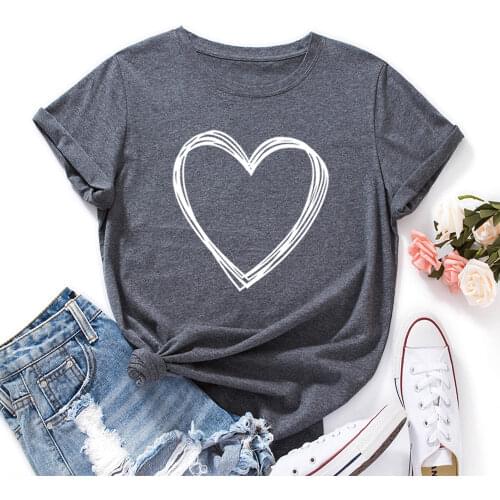 Love Heart Print Crew Neck Short Sleeve Summer Cotton Graphic Tee Tops for Women Female Shirts Clothes Loose Casual T-Shirts